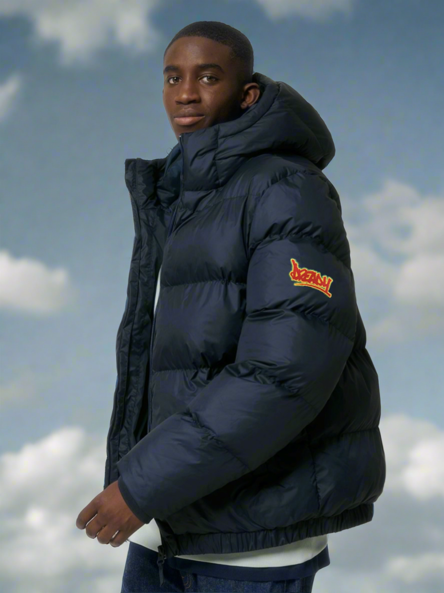 Dready Script Badge Oversized Puffa Jacket, Puff Puff Give Collection