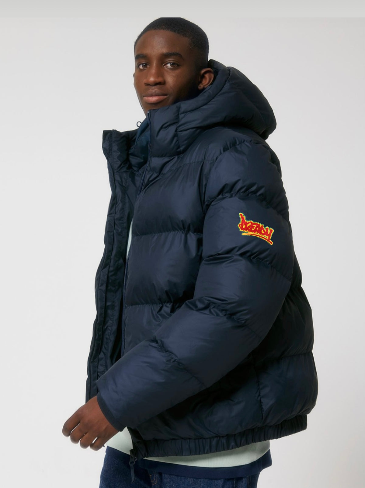 Dready Script Badge Oversized Puffa Jacket, Puff Puff Give Collection