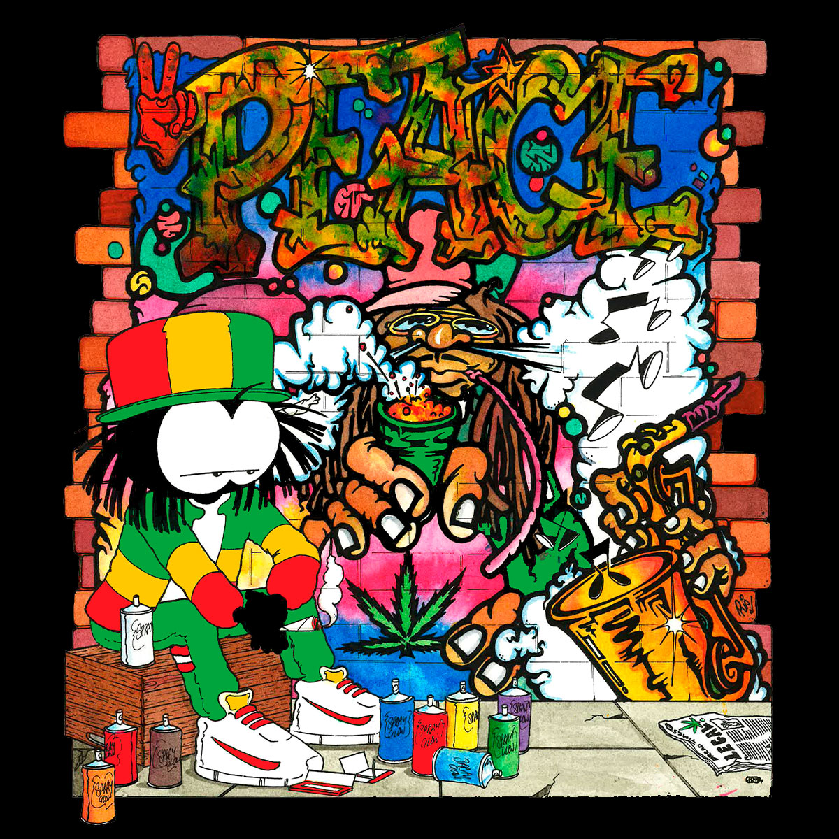 Dready character in a Rasta hat in front of a graffiti wall reading Peace