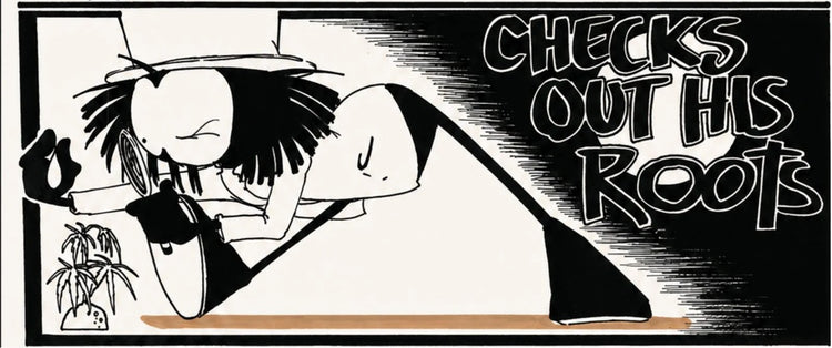 Comic panel of Dready leaning in with a magnifying glass, captioned Checks out his roots