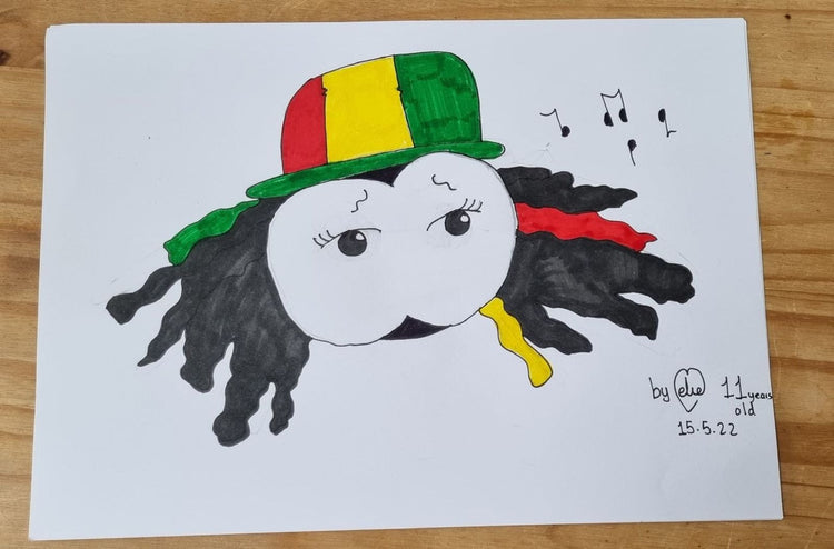 Drawing of the Dready character with music notes