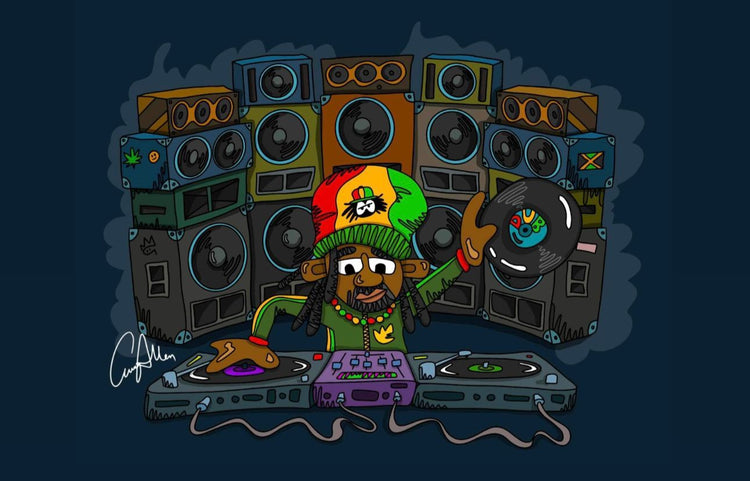 Illustration of Dready DJing in front of a sound system