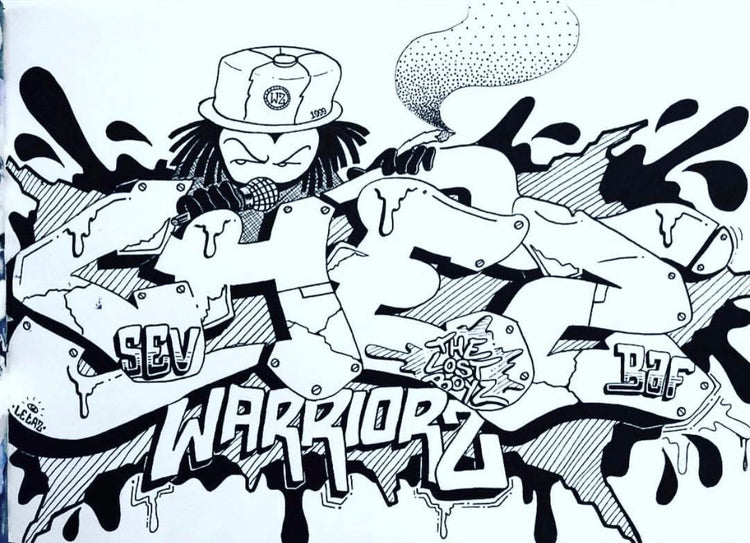 Black and white graffiti drawing featuring Dready