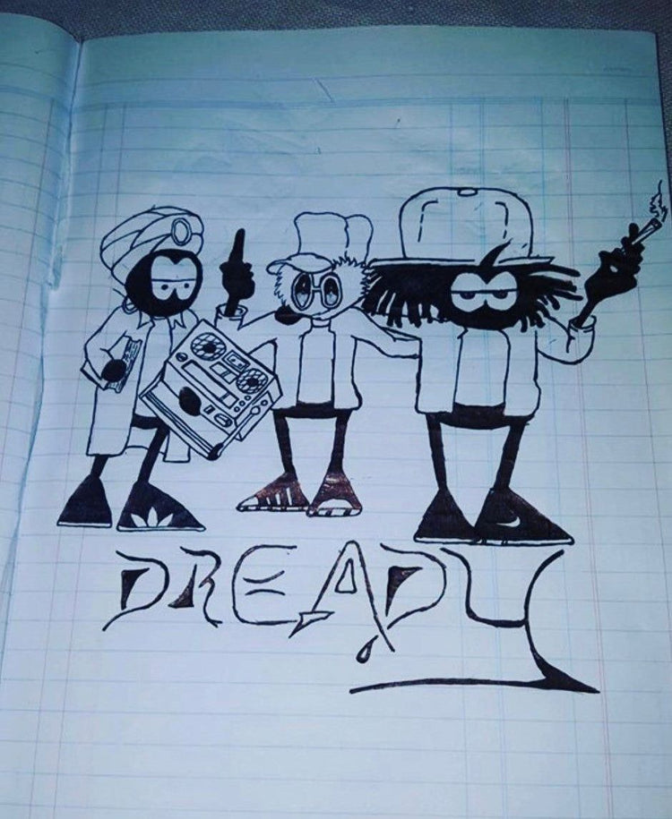 Pen drawing of the Dready crew on lined paper