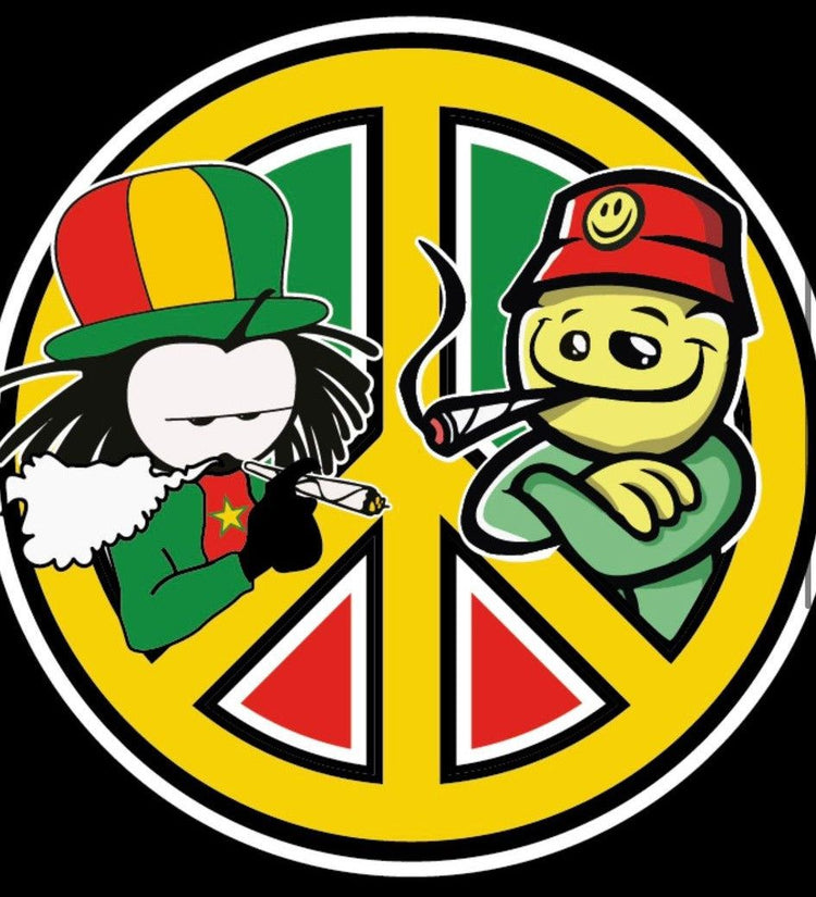 Dready peace-sign artwork in Rasta colours