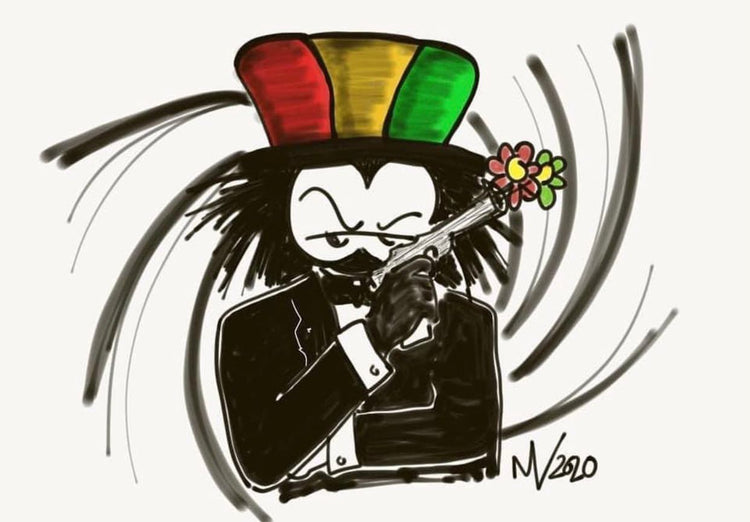 Ink drawing of Dready holding a flower