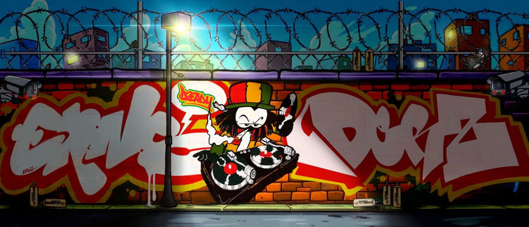 Dready character graffiti piece on a long wall at night