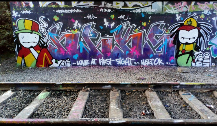 Dready graffiti mural beside railway tracks