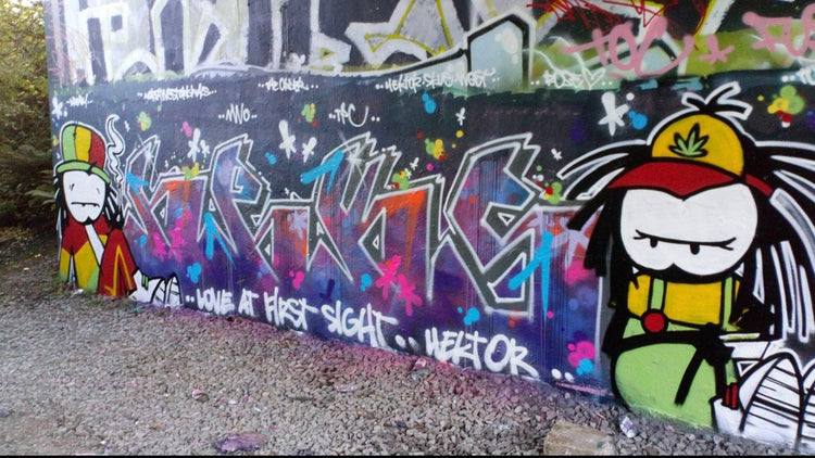 Long Dready mural with graffiti lettering